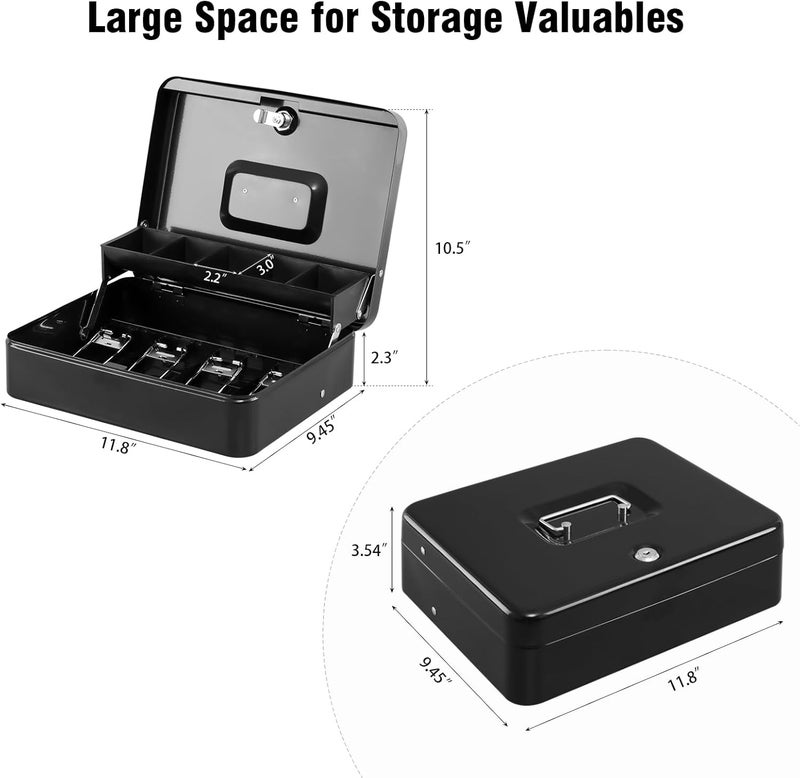 KYODOLED Locking Cash Box with Top Lock,Money Box with Cash Tray,4 Bill/5 Coin Slots,Lock Safe Box with Key,Money Saving Organizer,11.81Lx 9.45Wx 3.54H Inches,Black XL Large - Image 2
