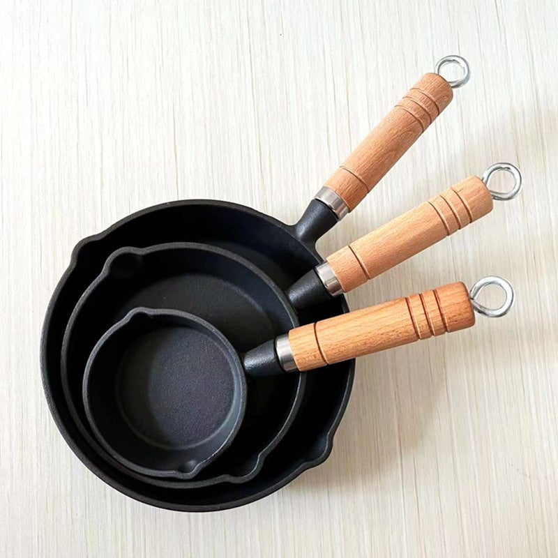 Miniature Skillet Set 3 Sizes 21cm 16cm 10cm Pre Seasoned Non Stick Cast Iron Skillet - Sturdy Durable Even Heat Distribution Wood Handle Skillet for Home Kitchen Outdoor Campfire Grill Cooking - Image 2