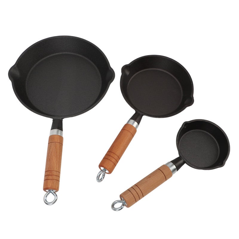 Miniature Skillet Set 3 Sizes 21cm 16cm 10cm Pre Seasoned Non Stick Cast Iron Skillet - Sturdy Durable Even Heat Distribution Wood Handle Skillet for Home Kitchen Outdoor Campfire Grill Cooking - Image 5