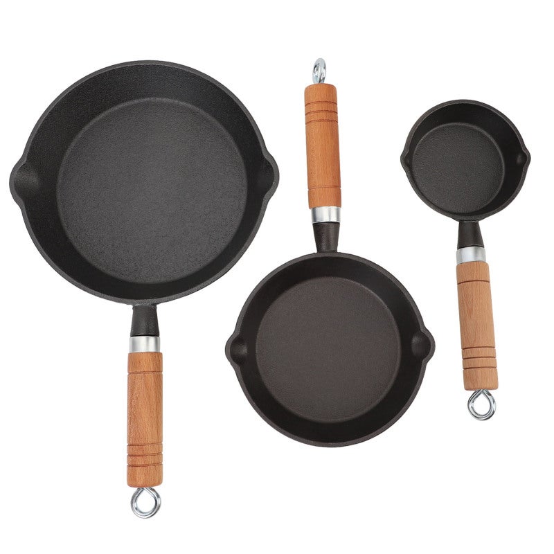 Miniature Skillet Set 3 Sizes 21cm 16cm 10cm Pre Seasoned Non Stick Cast Iron Skillet - Sturdy Durable Even Heat Distribution Wood Handle Skillet for Home Kitchen Outdoor Campfire Grill Cooking - Image 3