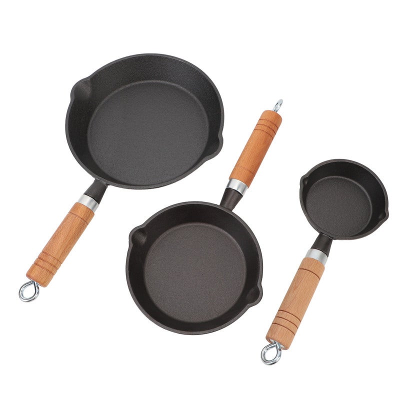 Miniature Skillet Set 3 Sizes 21cm 16cm 10cm Pre Seasoned Non Stick Cast Iron Skillet - Sturdy Durable Even Heat Distribution Wood Handle Skillet for Home Kitchen Outdoor Campfire Grill Cooking - Image 4