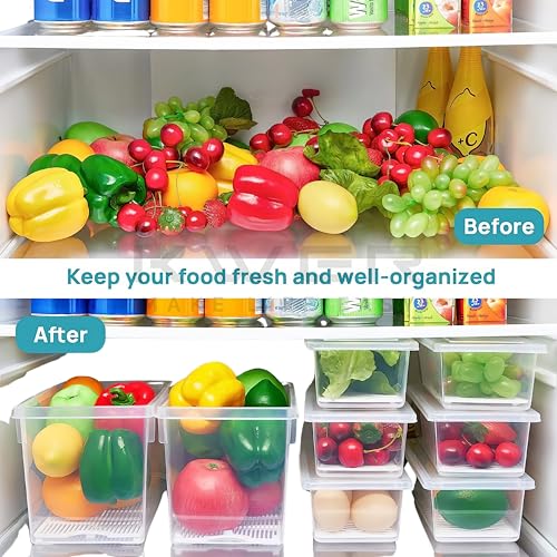 KWER Fridge Storage Boxes Fridge Organizer With Removable Drain Plate Fridge Storage Containers Keeps Fruits, Vegetables, Meat, Fish Fresh Longer 1500 Ml Container Box(Pack Of 2, Plastic),Clear - Image 4