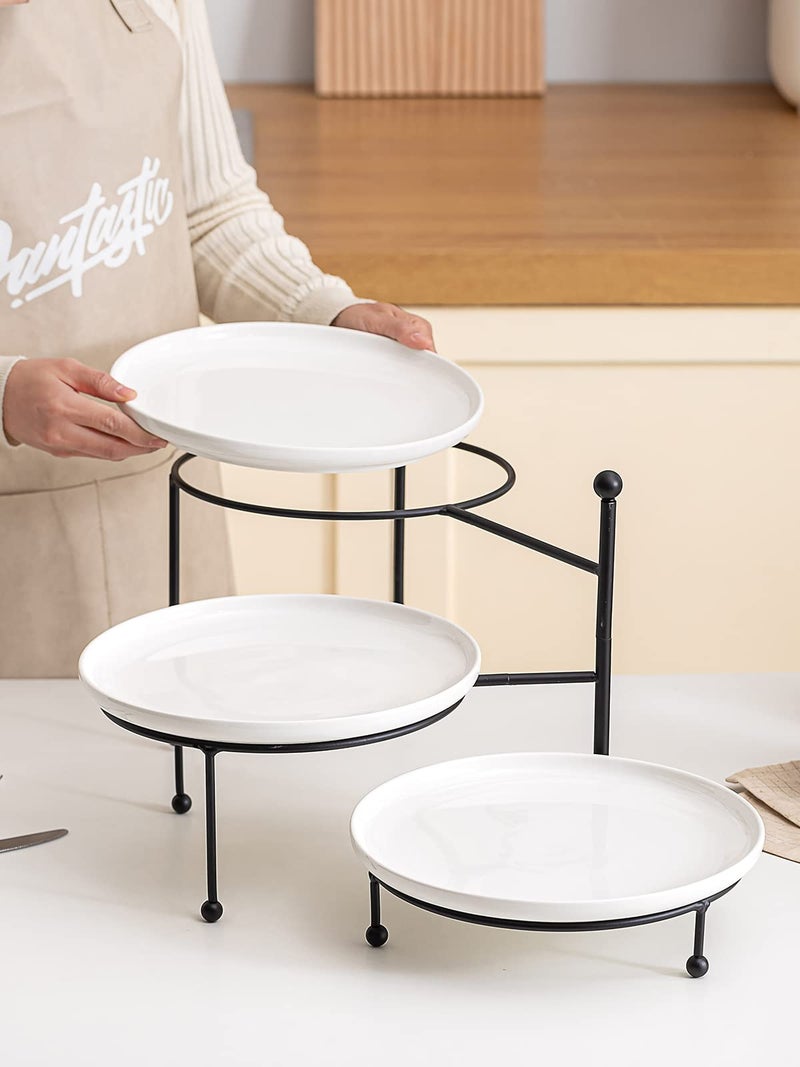 Kanwone 3 Tiered Serving Stand with White Porcelain Plates, 10" Round Tray, Dessert Table Display Set, Black Metal Stand, Versatile & Durable - Image 5