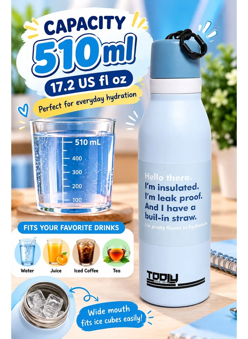 Tooly Light Blue Insulated Stainless Steel Water Bottle with Built-in Straw (510ml / 17oz) - "Hello There" Print Design | Leak-Proof Hot & Cold Thermal Flask for Gym, Office & Travel