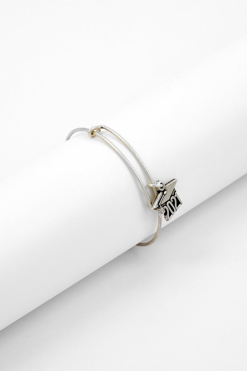ALEX AND ANI 2021 Graduation Cap Charm Bangle Bracelet, Silver  - Image 1