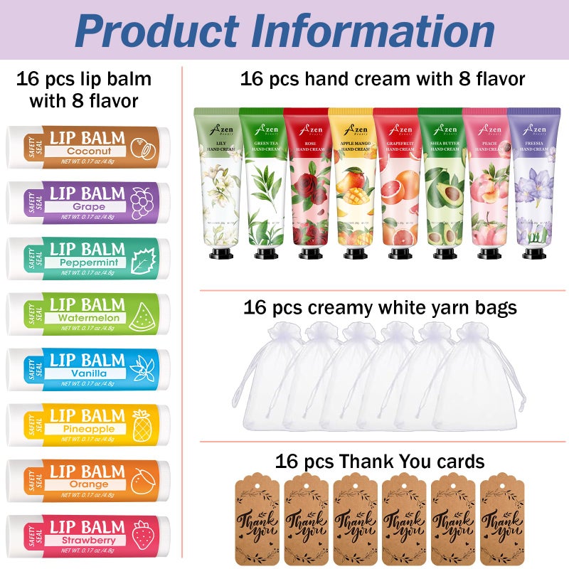 AZEN 16 Sets Bulk Gifts, Hand Cream and Lip Balm Bulk Set with Organza Bag Thank You Card, Baby Shower Wedding Gifts for Guests, Bridal Wedding Favors for Guests,Thank You Gift for Women - Image 2