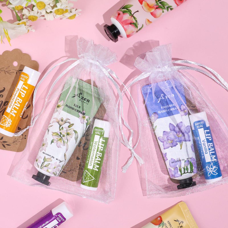 AZEN 16 Sets Bulk Gifts, Hand Cream and Lip Balm Bulk Set with Organza Bag Thank You Card, Baby Shower Wedding Gifts for Guests, Bridal Wedding Favors for Guests,Thank You Gift for Women - Image 3
