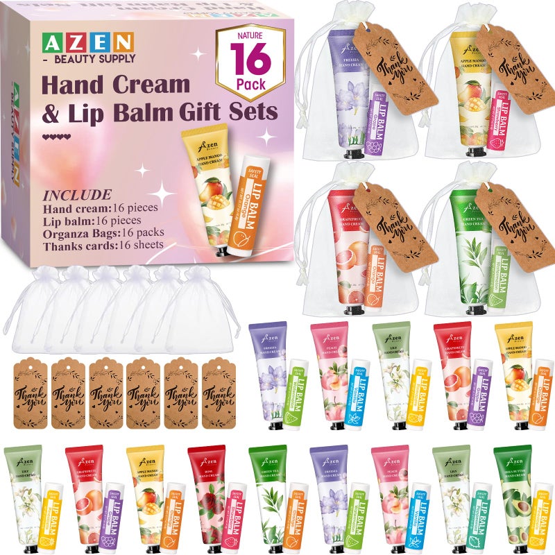AZEN 16 Sets Bulk Gifts, Hand Cream and Lip Balm Bulk Set with Organza Bag Thank You Card, Baby Shower Wedding Gifts for Guests, Bridal Wedding Favors for Guests,Thank You Gift for Women - Image 1