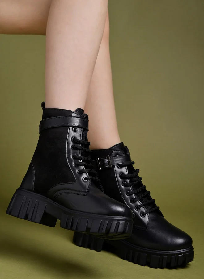 Shoetopia Shoetopia Women's  Combat Boots – Chunky Platform Lace-Up Ankle Boots with Buckle Strap Leather & Suede – Gothic Punk Style