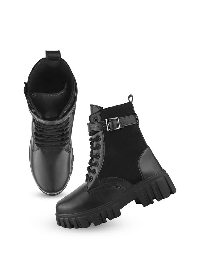 Shoetopia Shoetopia Women's  Combat Boots – Chunky Platform Lace-Up Ankle Boots with Buckle Strap Leather & Suede – Gothic Punk Style