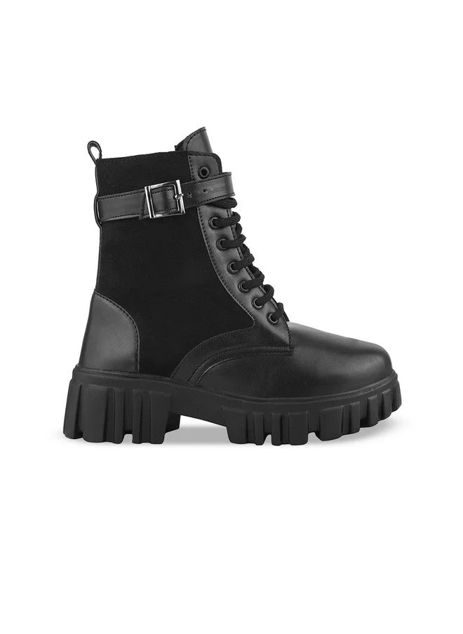 شوتوبيا Shoetopia Women's  Combat Boots – Chunky Platform Lace-Up Ankle Boots with Buckle Strap Leather & Suede – Gothic Punk Style