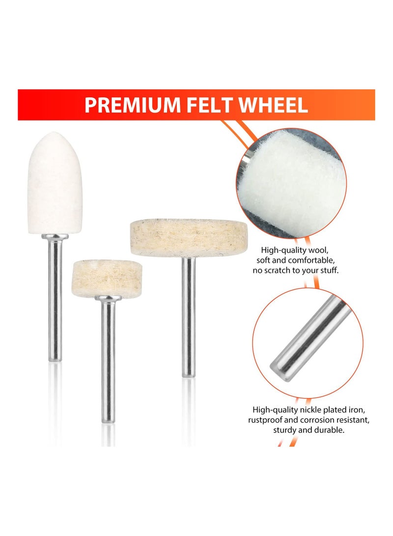 110PCS Wool Felt Polishing Pads, Buffing Grinding Wheel Rotary Tool Set with 1/8 Inch Shank  Replacement Polishing Wheels, Point  Mandrel Kit for Drill Plastic Glass Metal Jewelry 9/ 12/ 25mm - Image 2