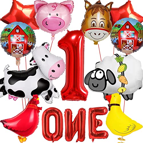 XIAMOOR 14 PCS Farm Animal Balloons Cow Sheep Duck Rooster Pig Donkey Balloons Barnyard Balloon Supplies with Large Number 1 Foil Balloon for Farm Animal Theme 1st Birthday Party Decor Supplies - Image 1