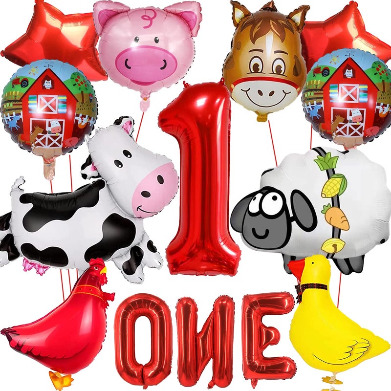 XIAMOOR 14 PCS Farm Animal Balloons Cow Sheep Duck Rooster Pig Donkey Balloons Barnyard Balloon Supplies with Large Number 1 Foil Balloon for Farm Animal Theme 1st Birthday Party Decor Supplies - Image 3
