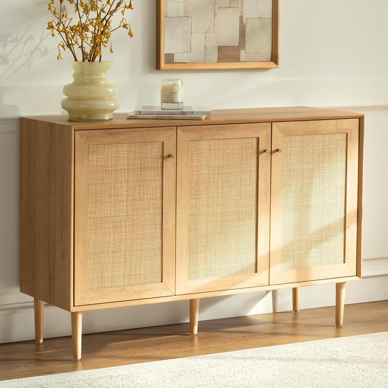 Rattan Storage Cabinet with 3 Doors – Boho Farmhouse Sideboard Buffet Cabinet, Solid Wood Credenza with Adjustable Shelves for Living Room, Kitchen, Entryway, Hallway (Natural Oak) - Image 1