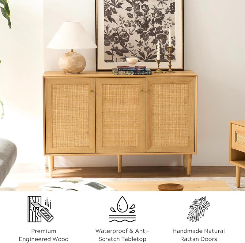 Rattan Storage Cabinet with 3 Doors – Boho Farmhouse Sideboard Buffet Cabinet, Solid Wood Credenza with Adjustable Shelves for Living Room, Kitchen, Entryway, Hallway (Natural Oak) - Image 5