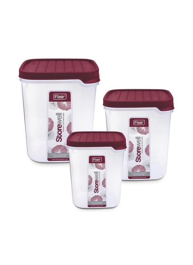 Flair - FLAIR Storewell Square Food Storage Containers Set of 3 (6L, 8L, 12L)- Maroon, Air Tight Containers for Kitchen Storage Ideal kitchen box for Rice, Atta and Grains, BPA-Free, Food Grade - Image 1