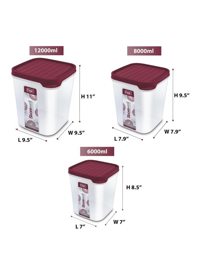 Flair - FLAIR Storewell Square Food Storage Containers Set of 3 (6L, 8L, 12L)- Maroon, Air Tight Containers for Kitchen Storage Ideal kitchen box for Rice, Atta and Grains, BPA-Free, Food Grade - Image 1
