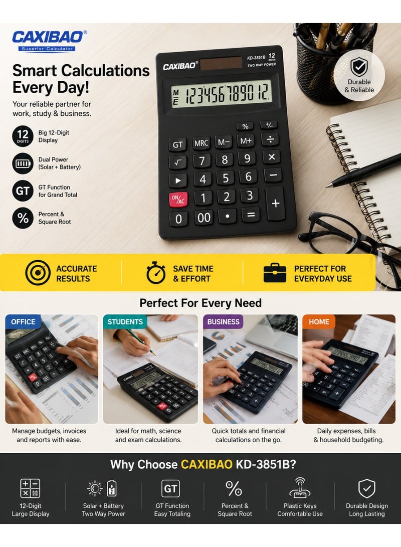 آلة حاسبة إلكترونية CAXIBAO KD-3851B ذات 12 رقمًا، تعمل بالطاقة الشمسية والبطارية، شاشة كبيرة، وظيفة GT، 12.5 × 9 سم، لون أسود - Image 2