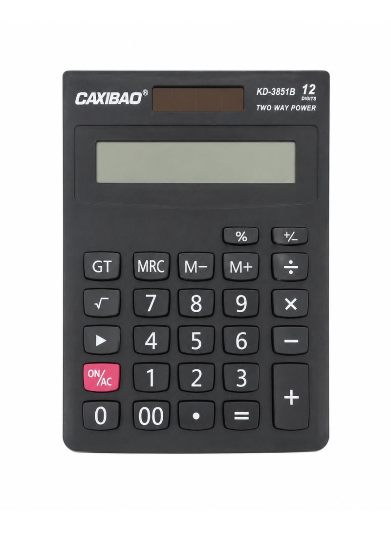 آلة حاسبة إلكترونية CAXIBAO KD-3851B ذات 12 رقمًا، تعمل بالطاقة الشمسية والبطارية، شاشة كبيرة، وظيفة GT، 12.5 × 9 سم، لون أسود - Image 3