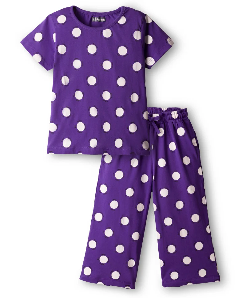 Pine Kids Pine Kids Single Jersey Knit Half Sleeves Co-ords Capri Night Suit With Polka Dot Print - Purple