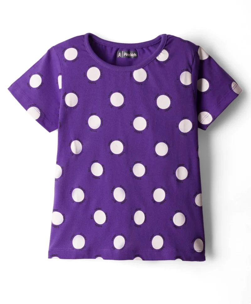 Pine Kids Pine Kids Single Jersey Knit Half Sleeves Co-ords Capri Night Suit With Polka Dot Print - Purple