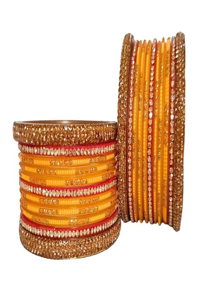 مجموعة أساور زجاجية من SPARSHIKA Geeta Creation باللون الأحمر والأخضر والأصفر مع كادا (كانجان) للنساء والفتيات | أساور زجاجية أنيقة | مجموعة تشودي فاخرة | مجموعة أساور تقليدية مكونة من 22 قطعة | (أصفر، 2.8) - Image 5