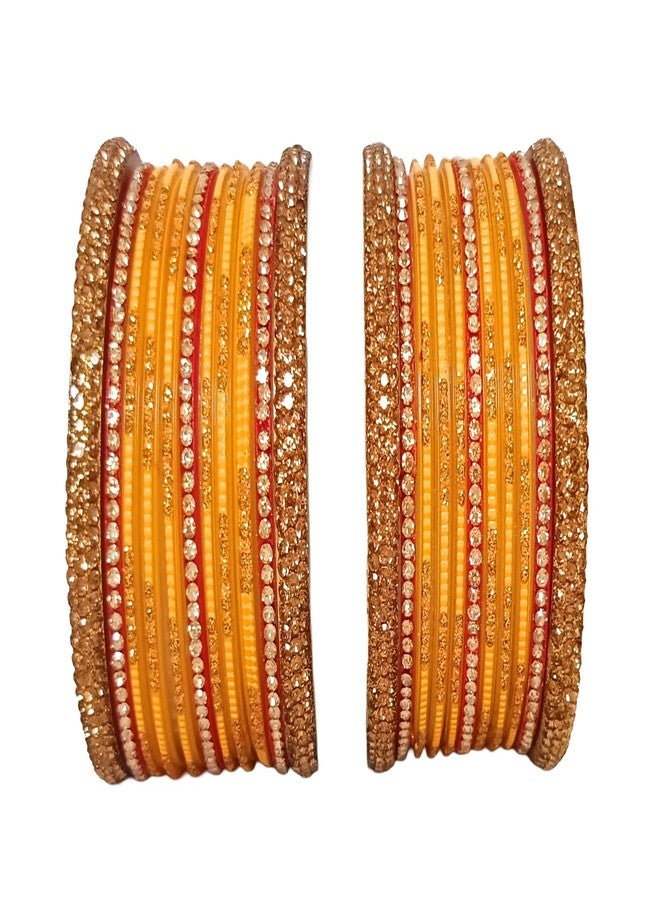 مجموعة أساور زجاجية من SPARSHIKA Geeta Creation باللون الأحمر والأخضر والأصفر مع كادا (كانجان) للنساء والفتيات | أساور زجاجية أنيقة | مجموعة تشودي فاخرة | مجموعة أساور تقليدية مكونة من 22 قطعة | (أصفر، 2.8) - Image 3