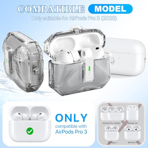 R-fun Rfun for AirPods Pro 3 Case Transparent NonYellowing with Cleaning Kit Keychain Auto PopUp Lid Design for AirPods Pro 3rd Generation Case Compatible with Magsafe Clear Black - Image 3