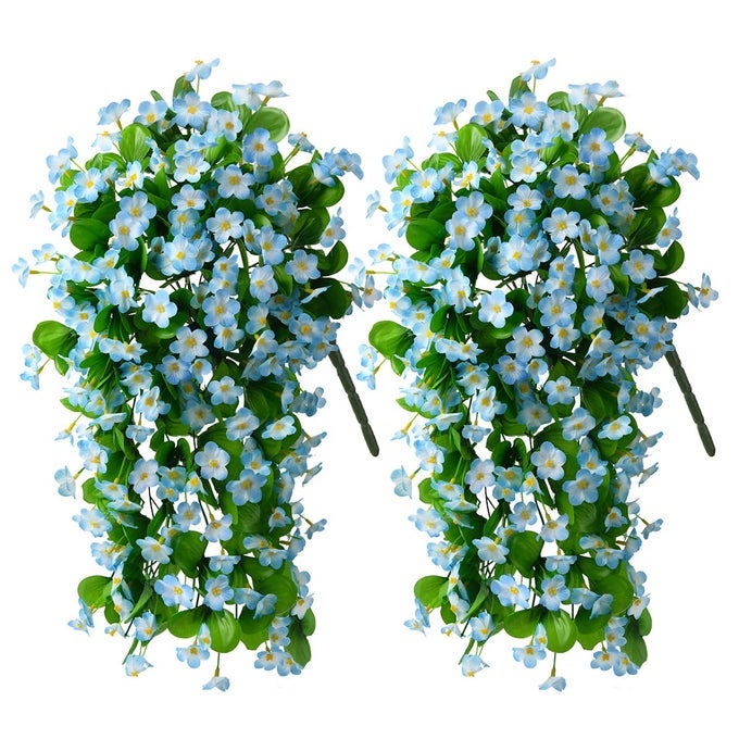 Artificial Fake Hanging Flowers Plants for Outdoor Spring Decoration 2PCS Faux Silk Violet UV Resistant Look Real Trailing Vines for Outside Home Planter Porch PatioBlue
