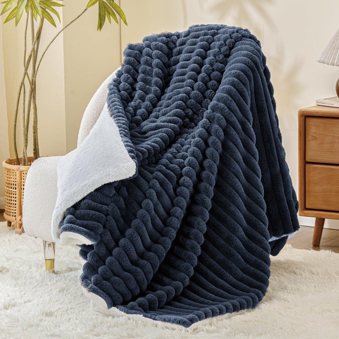 SHERPA THROW BLANKET FOR COUCH SUPER SOFT WARM STRIPED FLEECE BLANKET COZY PLUSH FLUFFY BLANKET ALL SEASON USE NAVY BLUE 60X80 INCHES