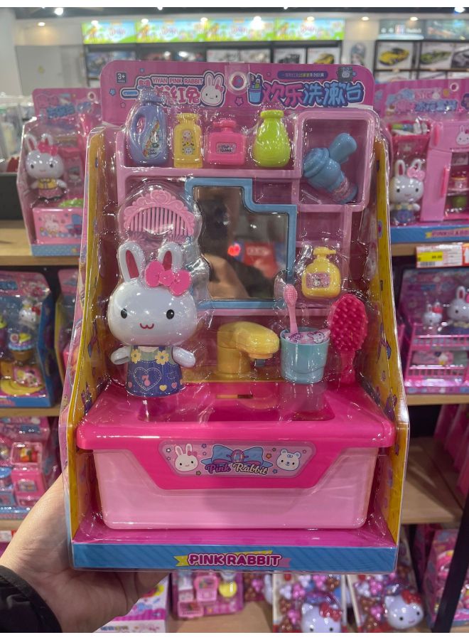 Yiyan Pink Rabbit Simulation Washing Machine Play House Toy Children Girl Girl Kitchen Teapot Educational Double Door-Color:RC21803 Happy Washstand - Image 1