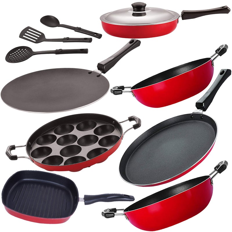 Nirlon Non-Stick Aluminium Gas Compatible Cookware Kitchen Utensils Combo Gift Set Offer - 10 Pieces -[FT12_CT12_FP12_KD12_KD14_AP_GP22_3SPN] - Image 1
