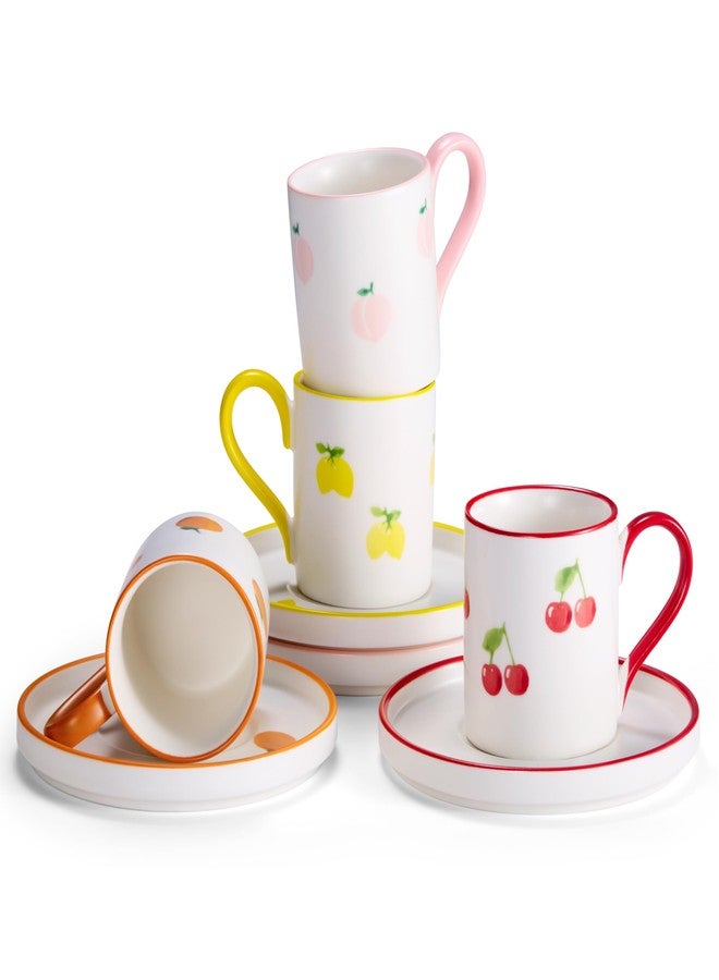 KooK Espresso Cups and Saucers, Hand Painted, Porcelain Demitasse Set with Colorful Fruit Patterns, Dishwasher & Microwave Safe, Holiday Gift, 3 oz, Set of 4 - Image 1
