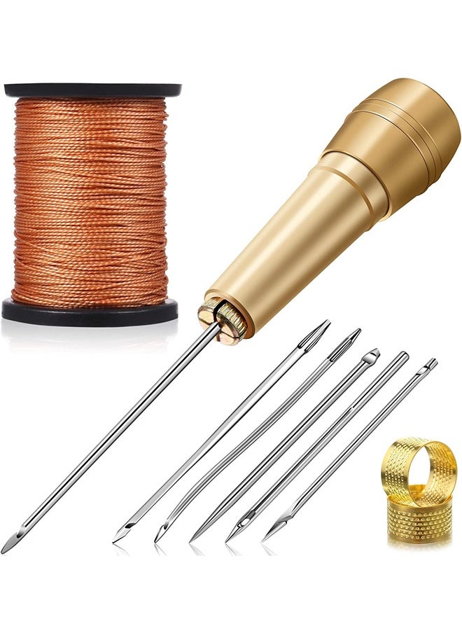 HY 9 Pcs Leather Sewing Awl Kit Including 45m Thread and Thimble Canvas Leather Sewing Awl Needle with Copper Handle with 6 Needles for Craft Needle Kit Shoe Repair Tool  - Image 1