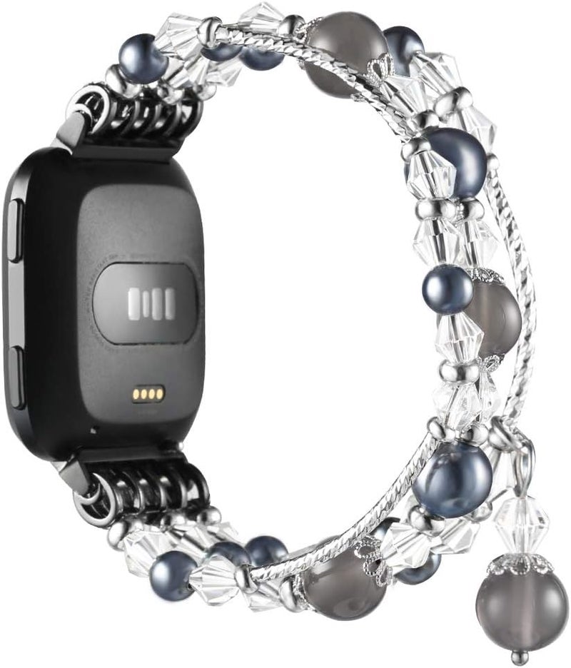 Simpeak Band Compatible with Fitbit Versa  Versa 2 Elastic Beaded Pearl Band Replacement for Women Black - Image 2