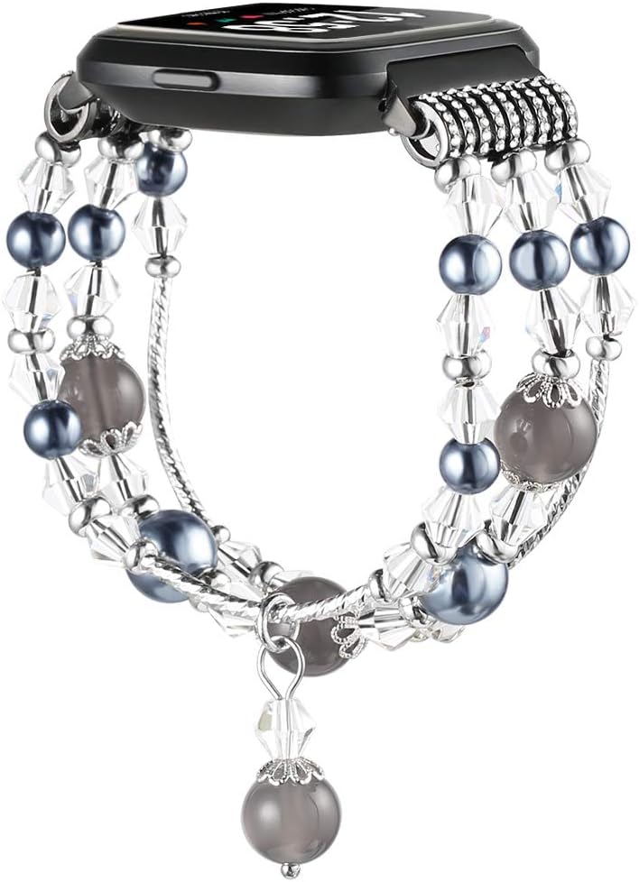 Simpeak Band Compatible with Fitbit Versa  Versa 2 Elastic Beaded Pearl Band Replacement for Women Black - Image 5