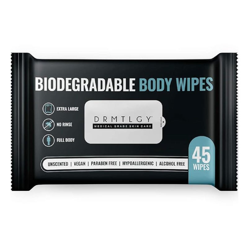 DRMTLGY Body and Face Shower Wipes for Women and Men - 45 Wipes. XTRA Large Biodegradable No Rinse Cleasning Wipes For Camping, Sports, Traveling, and more! - Image 1