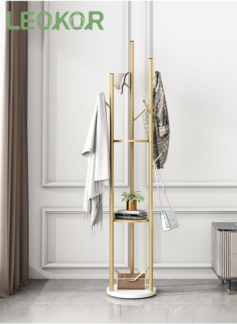 LEOKOR - 9 Hooks Coat Rack, Stylish Freestanding Coat Hanger with Storage and Tree Branch Design, Entryway Coat Rack for Coats, Bags, Hats and Mufflers - Image 1