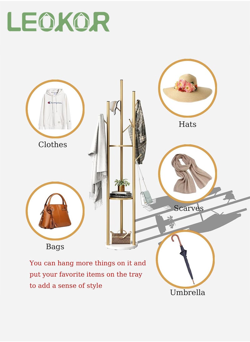 LEOKOR - 9 Hooks Coat Rack, Stylish Freestanding Coat Hanger with Storage and Tree Branch Design, Entryway Coat Rack for Coats, Bags, Hats and Mufflers - Image 1