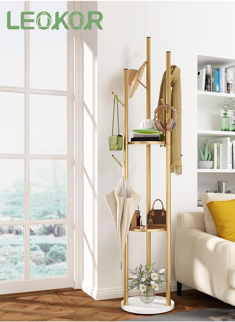 LEOKOR - 9 Hooks Coat Rack, Stylish Freestanding Coat Hanger with Storage and Tree Branch Design, Entryway Coat Rack for Coats, Bags, Hats and Mufflers - Image 1