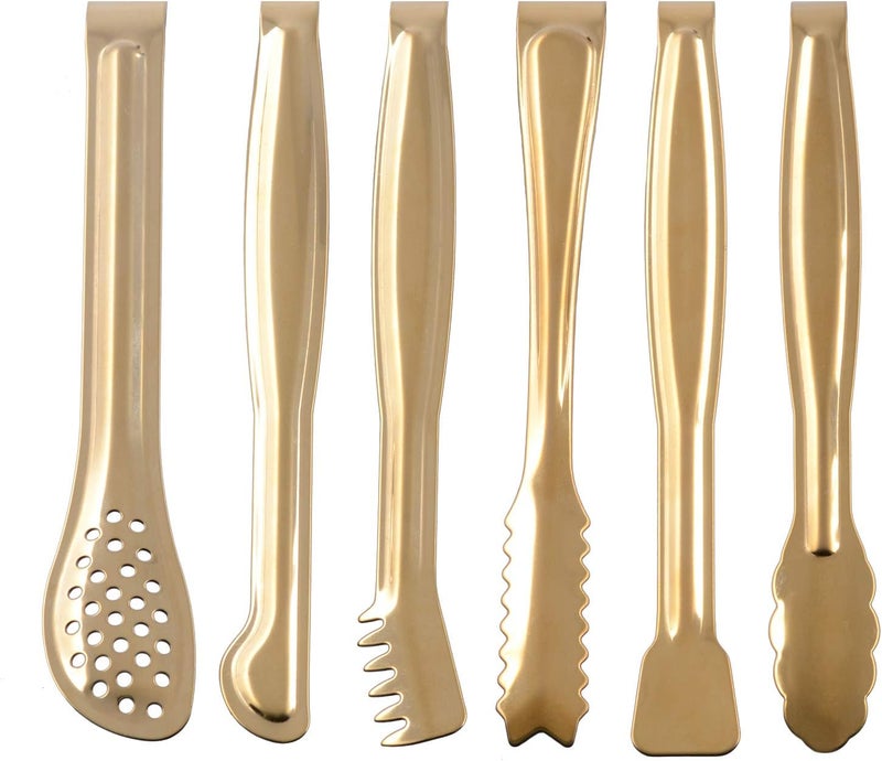 Hinmay Gold Plated Mini Serving Tongs Set 6-Inch Appetizers Tongs Stainless Steel Small Sugar Cube Tongs Ice Tongs, Set of 6 - Image 1