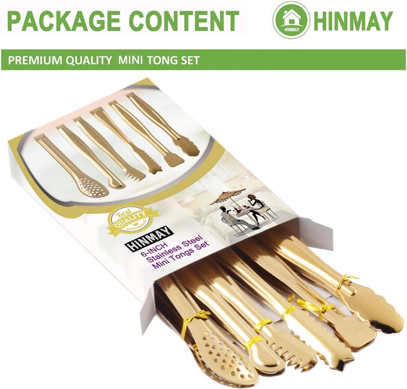 Hinmay Gold Plated Mini Serving Tongs Set 6-Inch Appetizers Tongs Stainless Steel Small Sugar Cube Tongs Ice Tongs, Set of 6 - Image 2