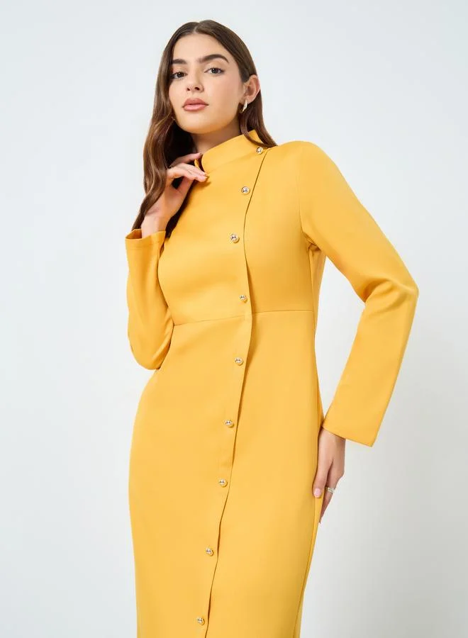 تايك تو Solid Stand-Up Collar Button Detail Midi Dress