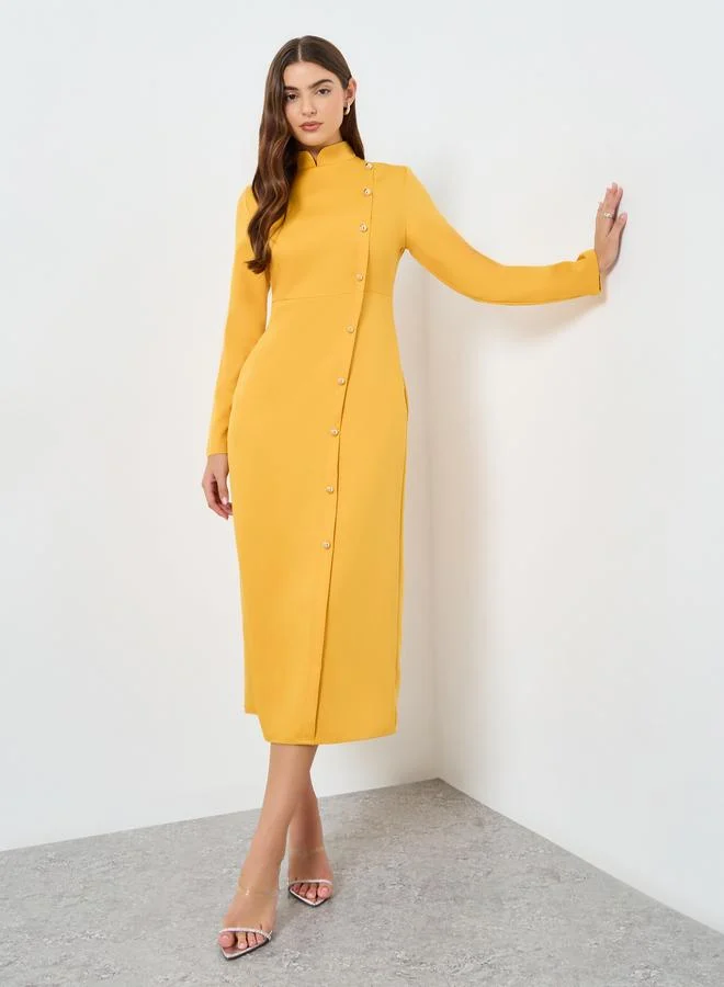 تايك تو Solid Stand-Up Collar Button Detail Midi Dress