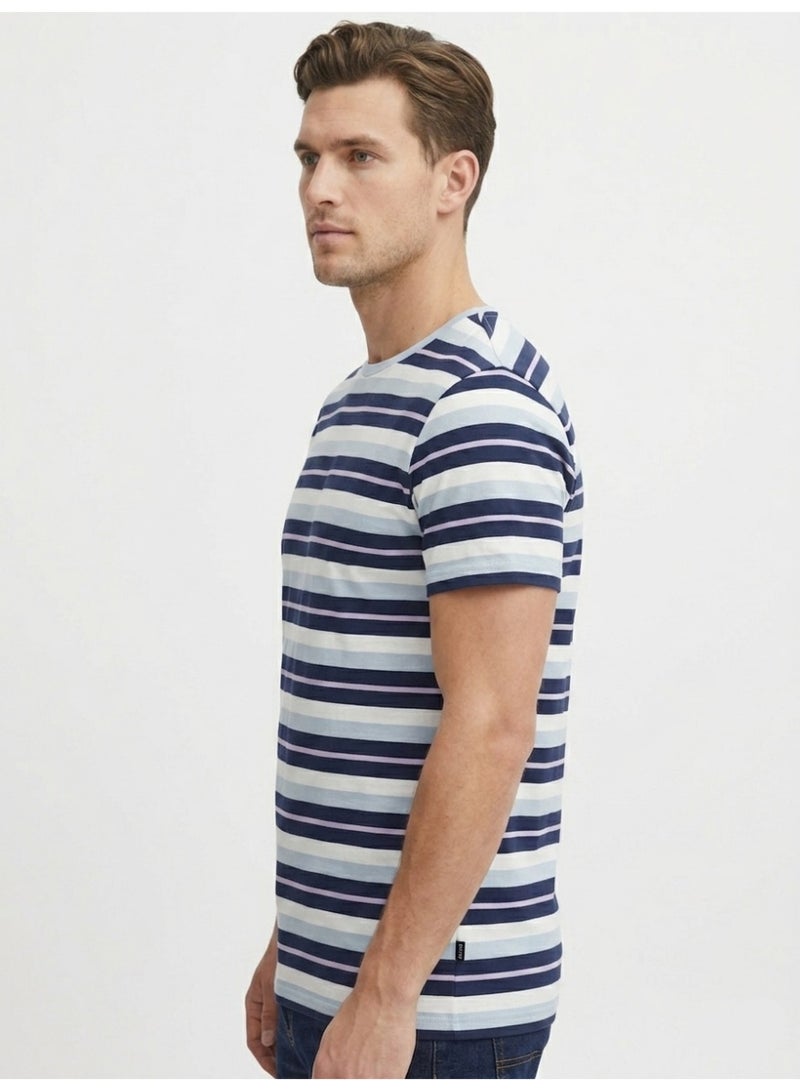 Blend Men's Short Sleeve Horizontal Striped Crew Neck T-Shirt, 100% Cotton - Image 2