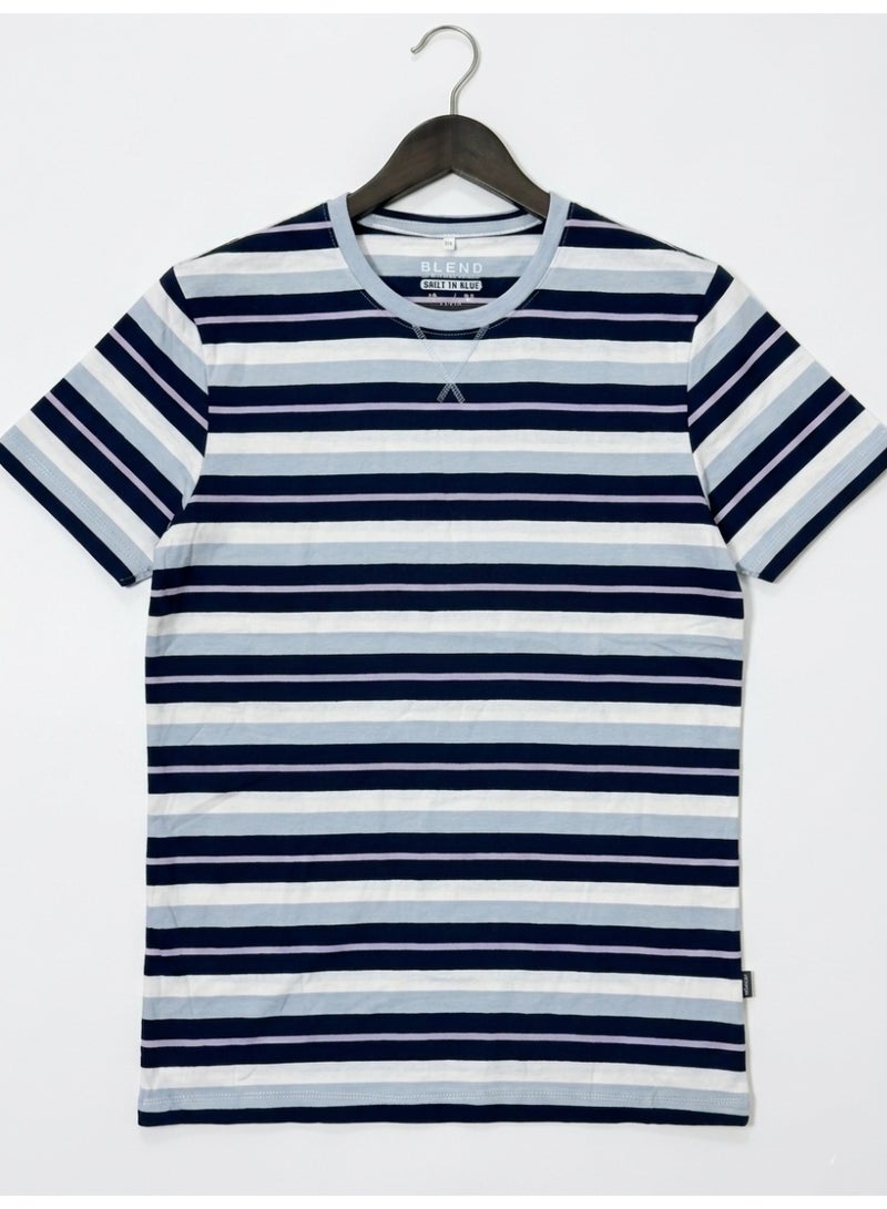 Blend Men's Short Sleeve Horizontal Striped Crew Neck T-Shirt, 100% Cotton - Image 1