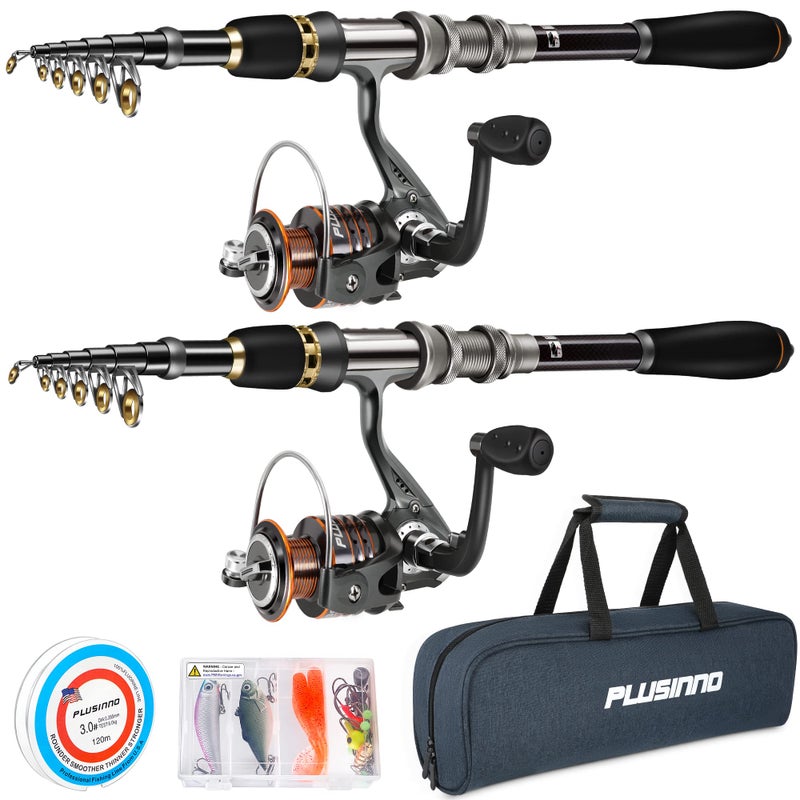 PLUSINNO Telescopic Fishing Rod and Reel Combos Full Kit, Carbon Fiber Fishing Pole, 12 +1 Shielded Bearings Stainless Steel BB Spinning Reel(2pack) - Image 1