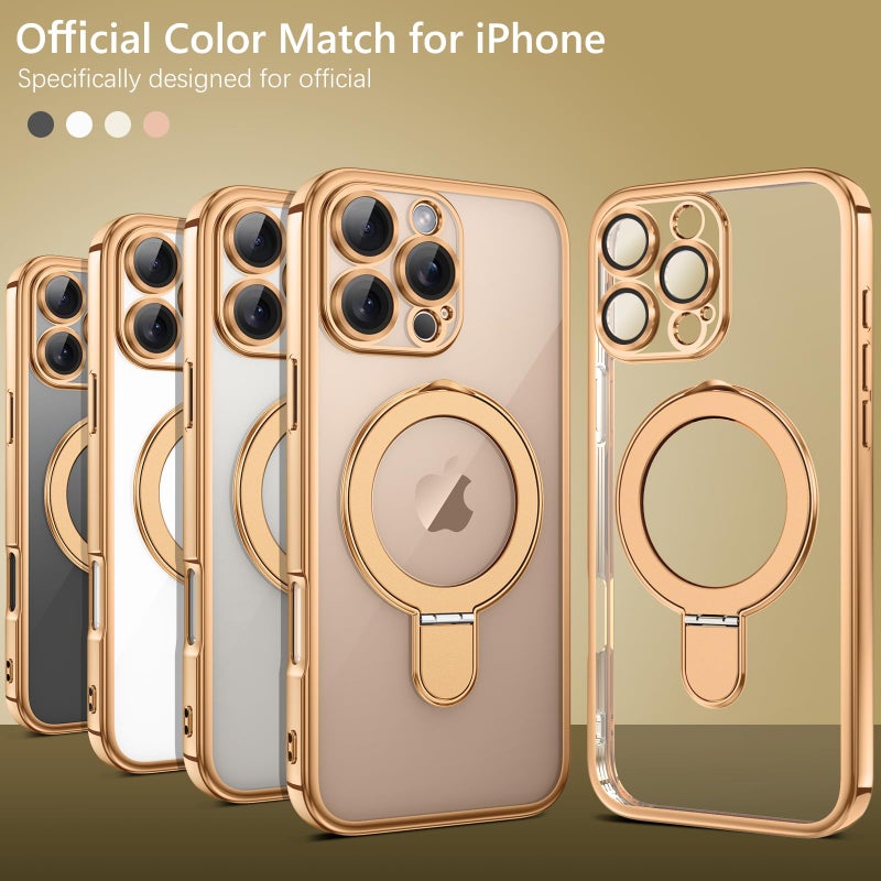 GUAGUA for iPhone 16 Pro Case with Stand, Magnetic Clear Cases Plating Edge Invisible Ring Holder Slim Protective Shockproof Kickstand Phone Case for iPhone 16 Pro 6.3 inch, Desert Titanium Gold - Image 5