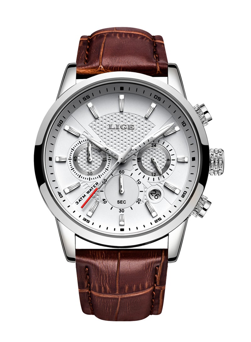 LIGE Men's Luxury Waterproof Leather Brown Strap Fashion Quartz Watches Luminous Chronograph Sports Watch for Business Men  - Image 1